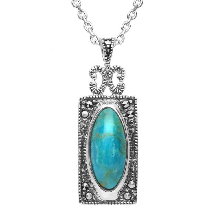 Sterling Silver Turquoise Marcasite Oval Oblong Necklace - Silver