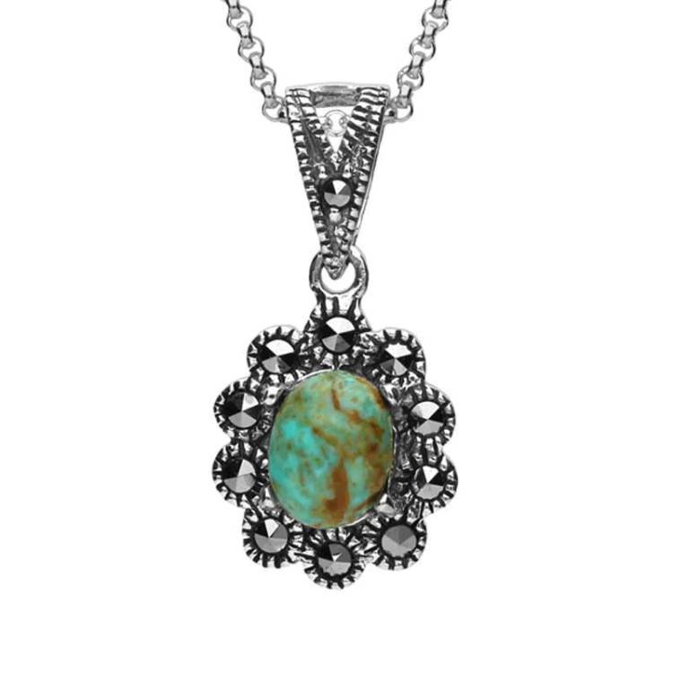 Sterling Silver Turquoise Marcasite Oval Scalloped Edge Necklace - Silver