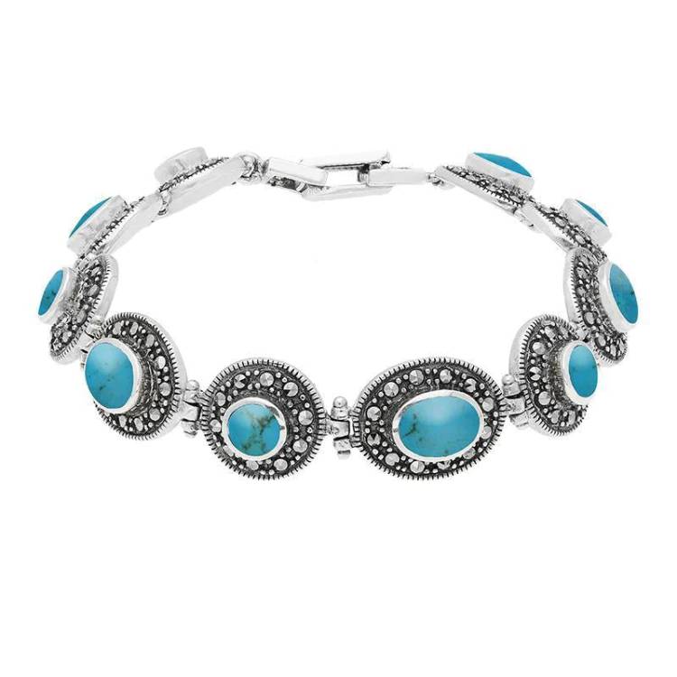Sterling Silver Turquoise Marcasite Oval Link Bracelet - Silver