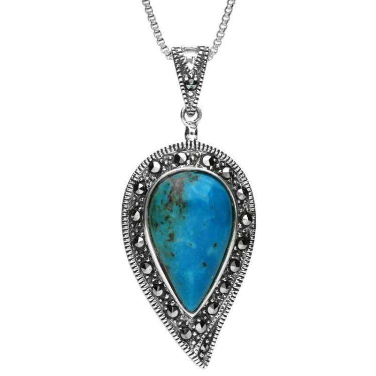Sterling Silver Turquoise Marcasite Pear Necklace - Silver