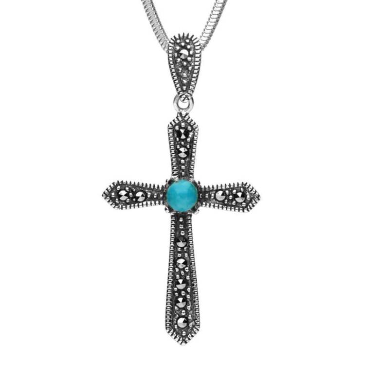 Sterling Silver Turquoise Marcasite Pointed Cross Necklace - Option1 Value Silver