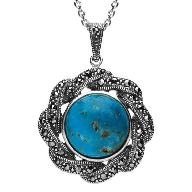 Sterling Silver Turquoise Marcasite Ribbon Edge Necklace - Silver