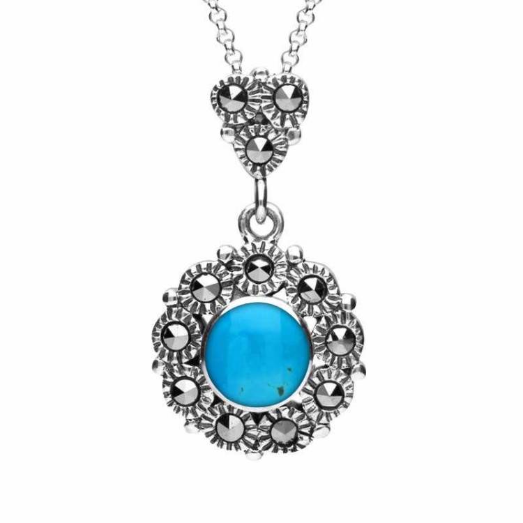 Sterling Silver Turquoise Marcasite Round Beaded Drop Necklace - Silver