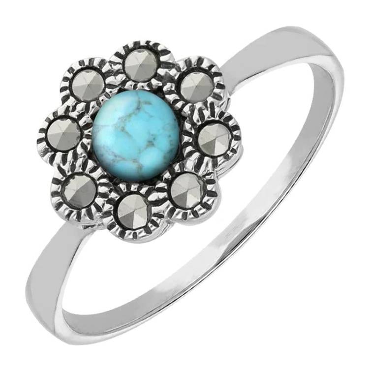 Sterling Silver Turquoise Marcasite Round Beaded Edge Ring - Option1 Value Silver