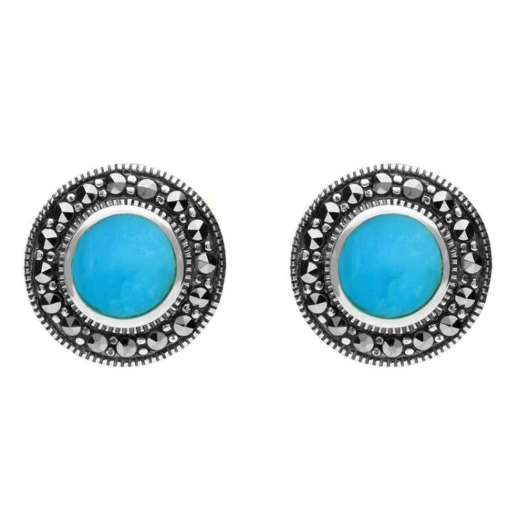 Sterling Silver Turquoise Marcasite Round Beaded Edge Stud Earrings - Silver