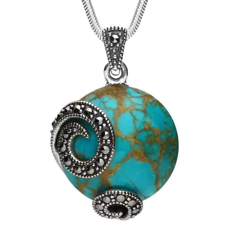 Sterling Silver Turquoise Marcasite Round Double Spiral Necklace - Silver