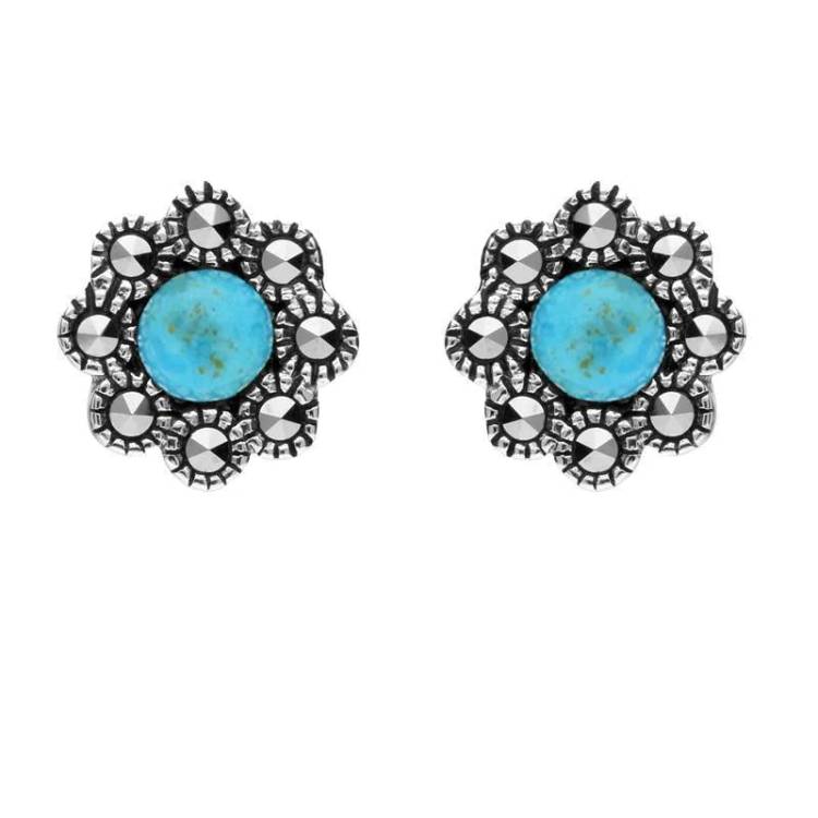Sterling Silver Turquoise Marcasite Round Edge Bead Stud Earrings - Silver