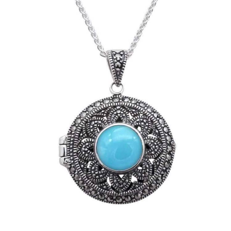 Sterling Silver Turquoise Marcasite Round Floral Locket Necklace - Silver