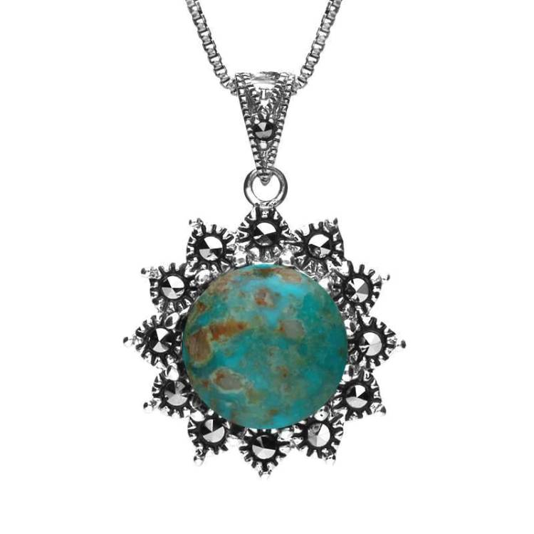 Sterling Silver Turquoise Marcasite Round Floral Necklace - Silver
