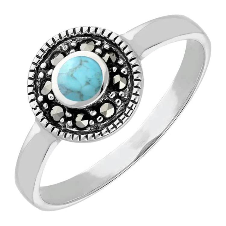 Sterling Silver Turquoise Marcasite Round Ring - Silver