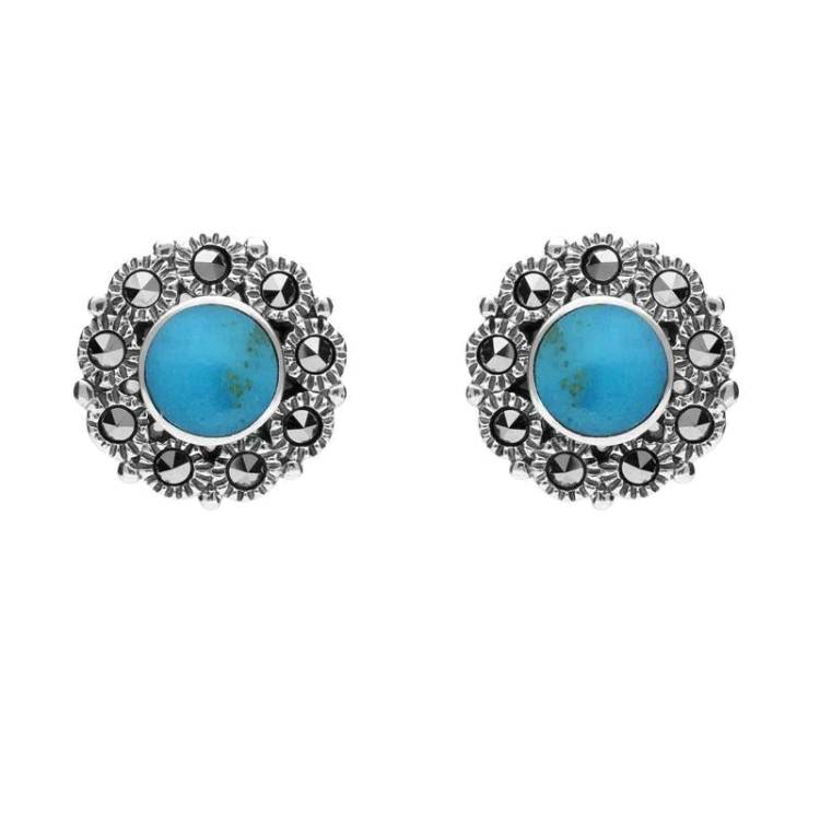 Sterling Silver Turquoise Marcasite Round Stud Earrings - Silver
