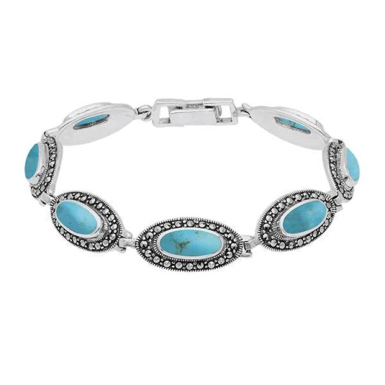 Sterling Silver Turquoise Marcasite Slim Oval Link Bracelet - Silver