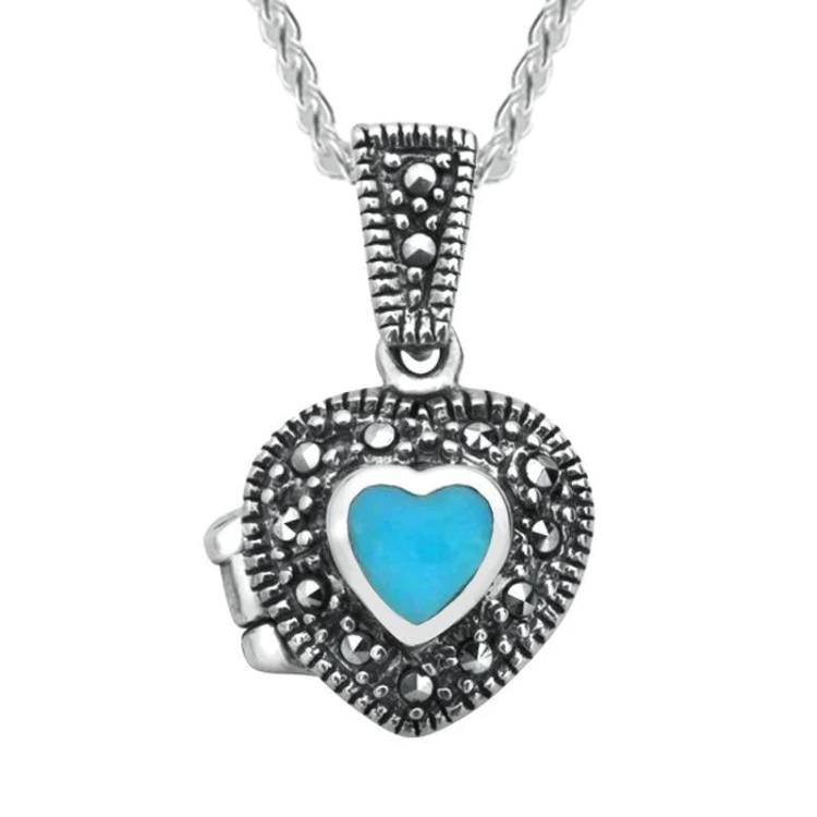 Sterling Silver Turquoise Marcasite Small Bead Edge Heart Locket - Silver