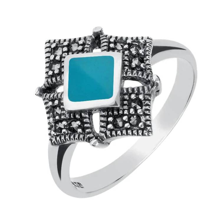 Sterling Silver Turquoise Marcasite Square Ring - Silver