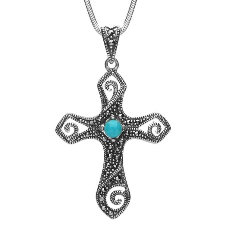 Sterling Silver Turquoise Marcasite Swirl Cross Necklace - Silver