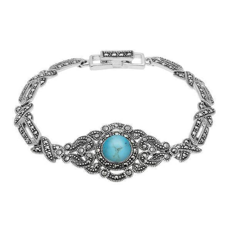 Sterling Silver Turquoise Marcasite Cross Link Bracelet - Silver