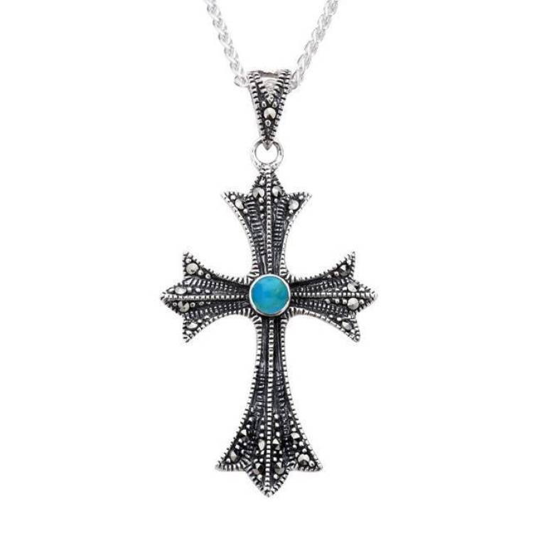 Sterling Silver Turquoise Marcasite Three Point Cross Necklace - Silver