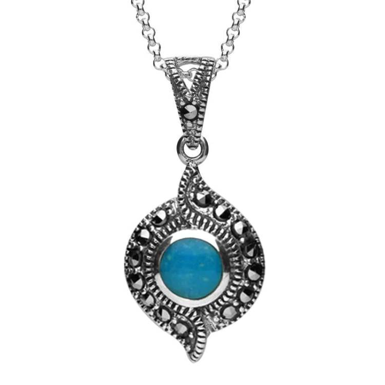 Sterling Silver Turquoise Marcasite Twisted Round Necklace - Silver