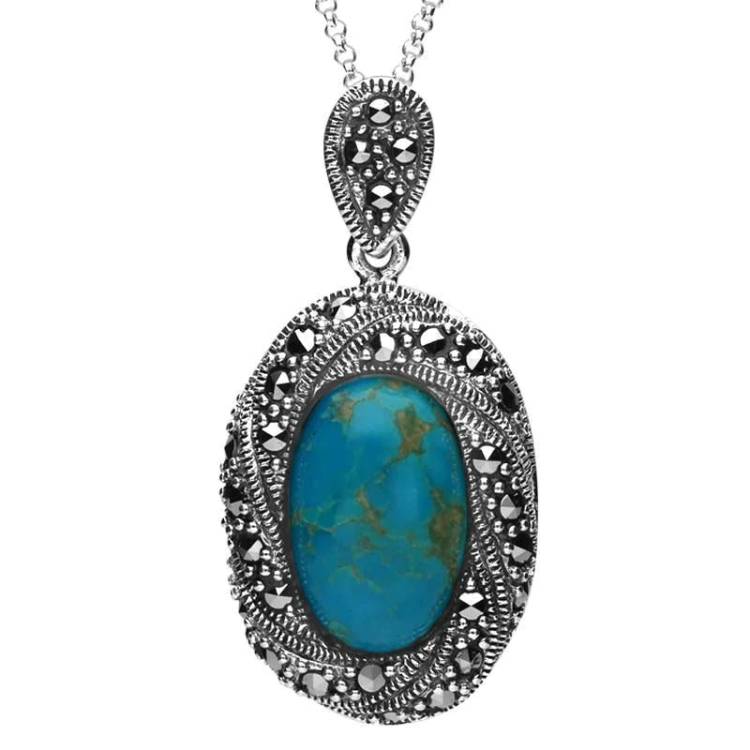Sterling Silver Turquoise Marcasite Twisted Spiral Edge Necklace - Silver