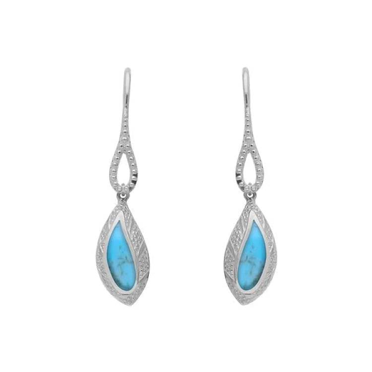 Sterling Silver Turquoise Marquise Beaded Edge Drop Earrings - Silver