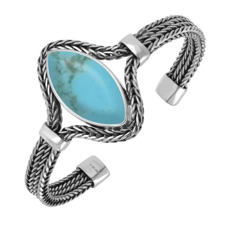 Sterling Silver Turquoise Marquise Foxtail Bangle - Option1 Value Silver