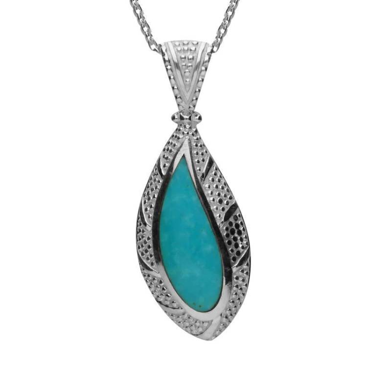 Sterling Silver Turquoise Marquise Shape Beaded Edge Necklace - Silver
