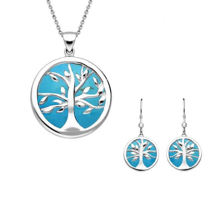 Sterling Silver Turquoise Medium Round Tree of Life Two Piece Set