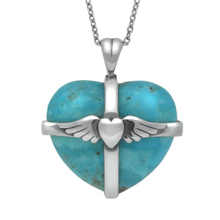 Sterling Silver Turquoise Medium Winged Cross Heart Necklace - Silver