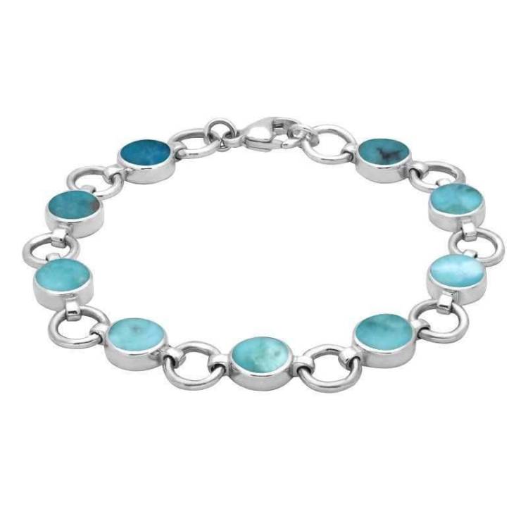 Sterling Silver Turquoise Nine Stone Round Ring Bracelet - Silver