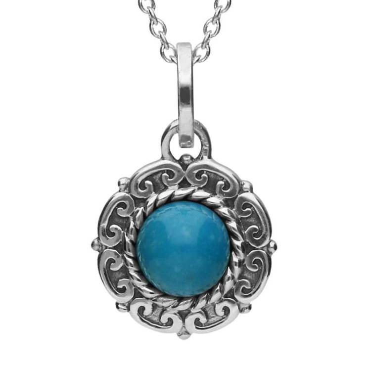 Sterling Silver Turquoise Ornate Rope Edge Necklace - Silver