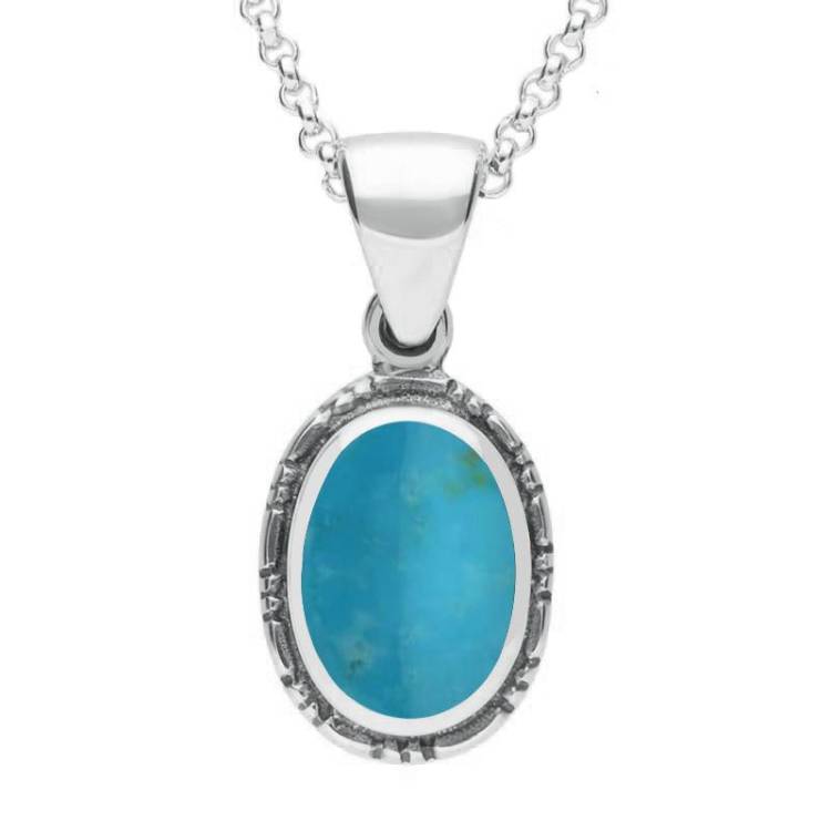 Sterling Silver Turquoise Oval Rope Edge Drop Necklace - Silver