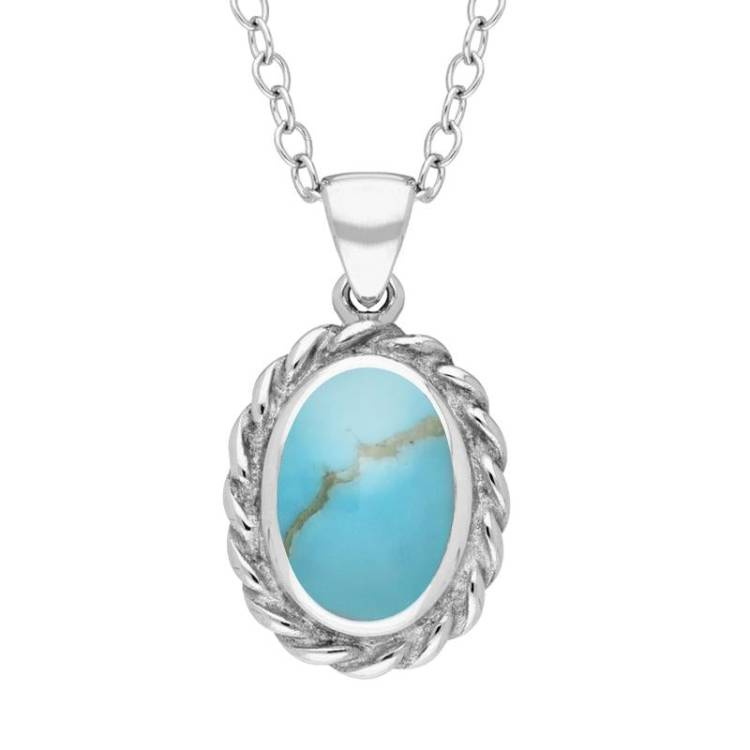 Sterling Silver Turquoise Oval Rope Frame Necklace - Option1 Value Silver
