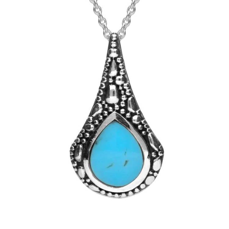 Sterling Silver Turquoise Oxidised Teardrop Necklace - Silver