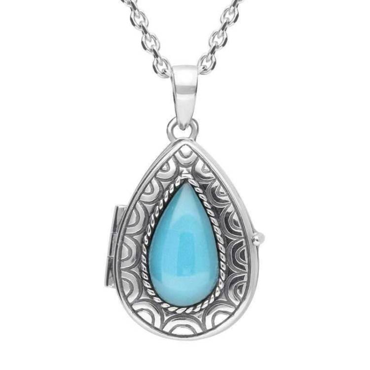 Sterling Silver Turquoise Pear Patterned Locket Necklace - Silver