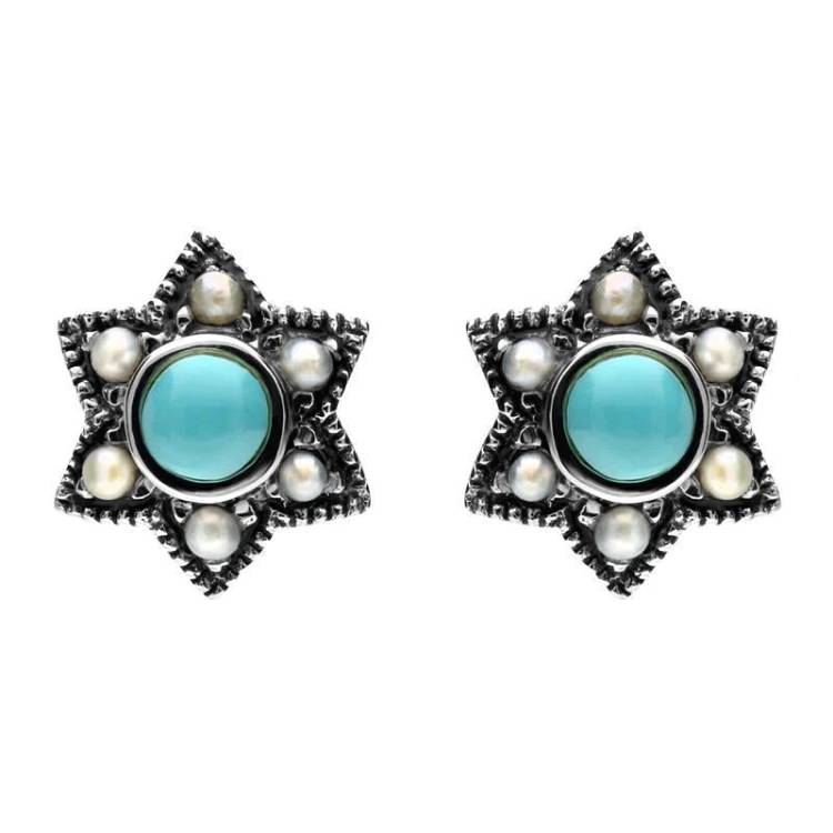 Sterling Silver Turquoise Pearl Six Point Star Stud Earrings - Silver