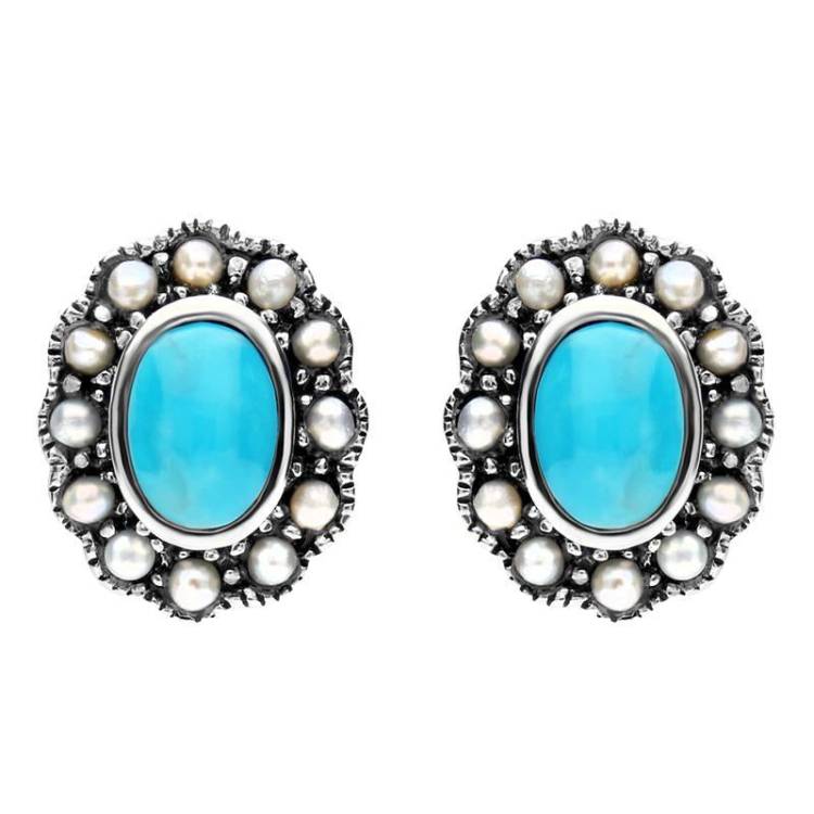 Sterling Silver Turquoise Pearl Oval Beaded Edge Stud Earrings - Silver