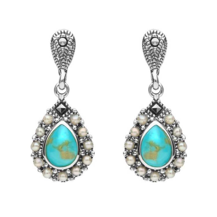 Sterling Silver Turquoise Marcasite Pearl Round Edge Bead Drop Earrings - Silver