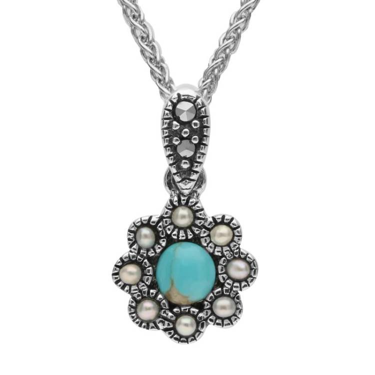 Sterling Silver Turquoise Marcasite Pearl Rounded Bead Edge Pendant Necklace - Silver