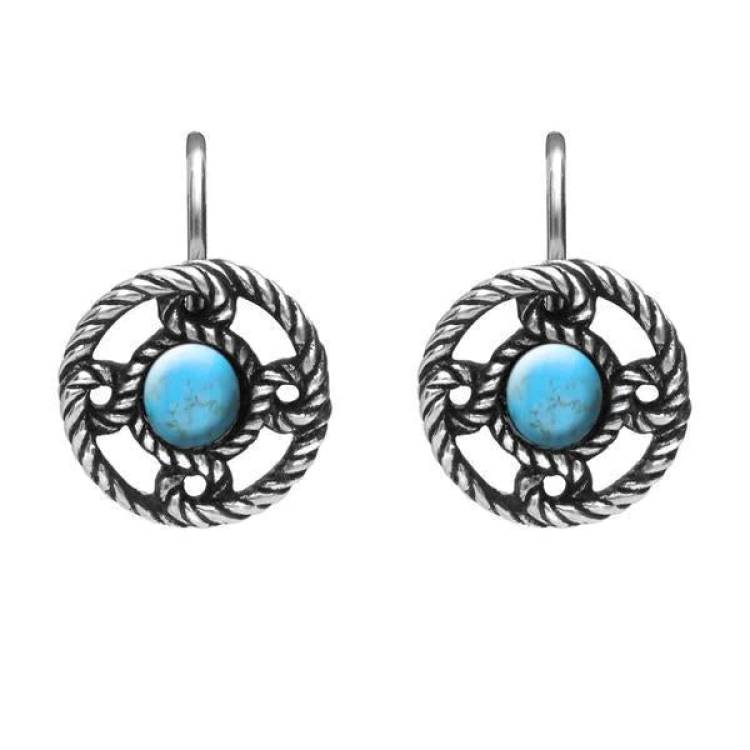 Sterling Silver Turquoise Rope Edge Port Hole Drop Earrings - Silver