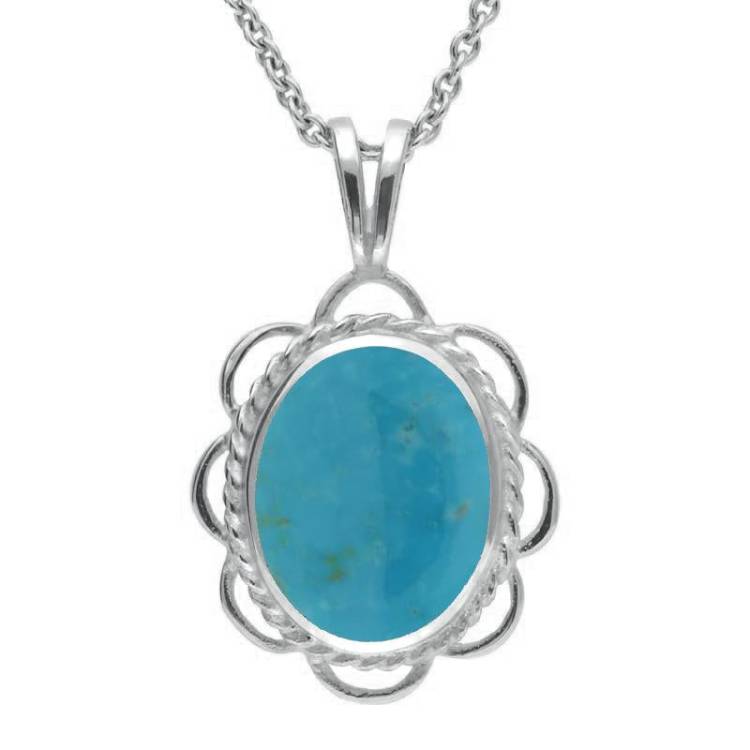 Sterling Silver Turquoise Rope Edged Oval Frill Necklace - Silver