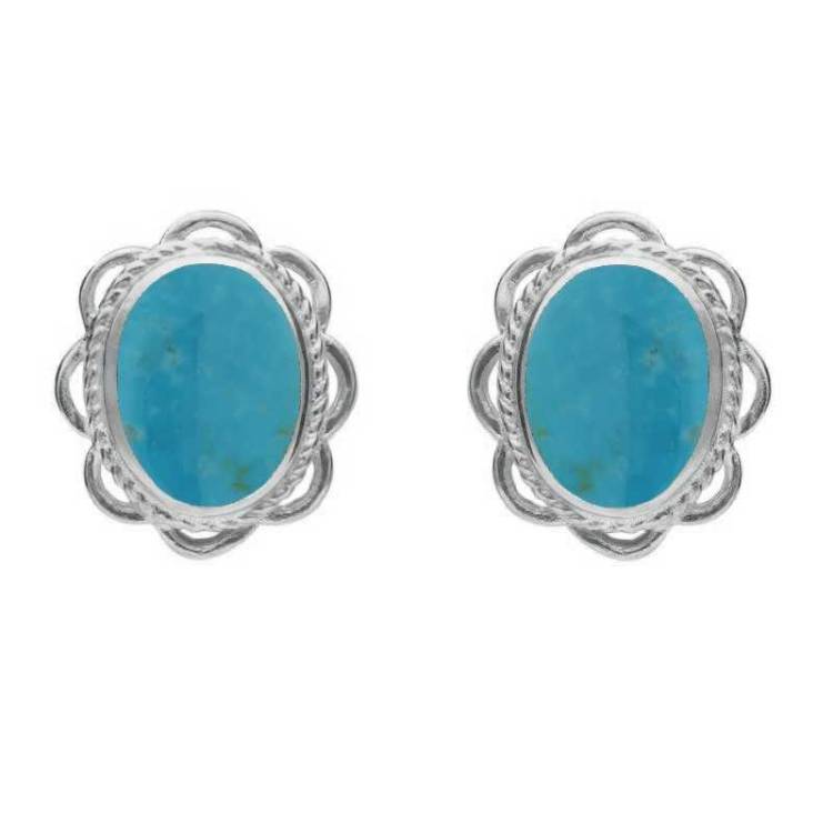 Sterling Silver Turquoise Rope Frill Edge Oval Stud Earrings - Option1 Value Silver