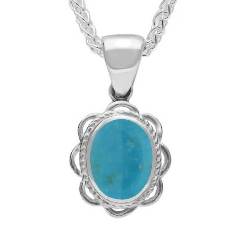 Sterling Silver Turquoise Rope Oval Frill Necklace - Sterling Silver