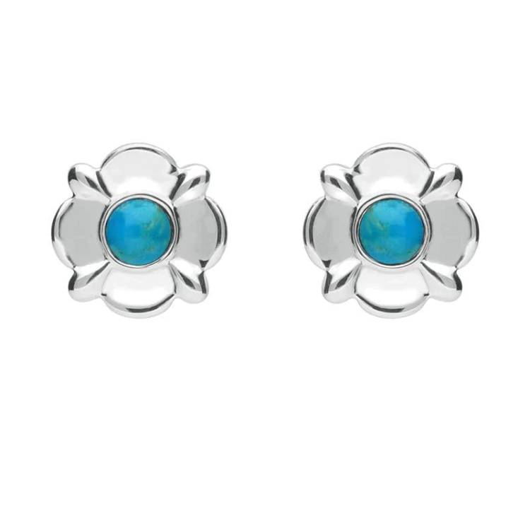 Sterling Silver Turquoise Round Four Petal Flower Stud Earrings - Silver