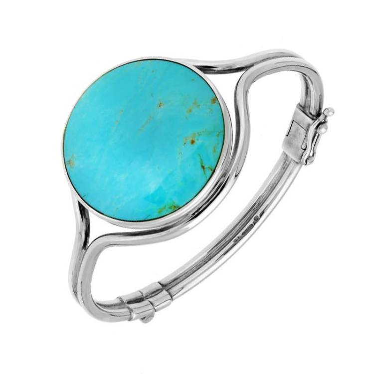 Sterling Silver Turquoise Round Hinged Bangle - Option1 Value Silver