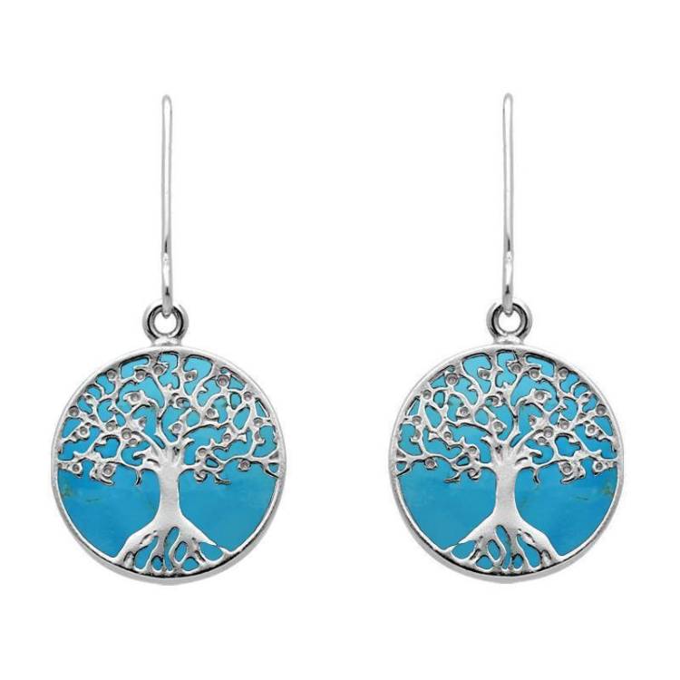 Sterling Silver Turquoise Round Tree Drop Earrings