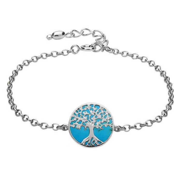 Sterling Silver Turquoise Round Tree of Life Chain Bracelet