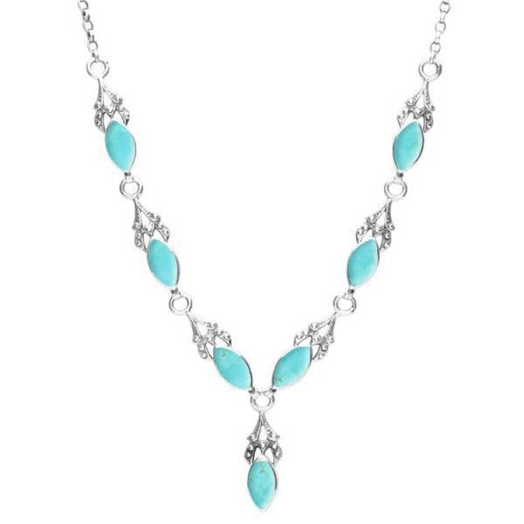 Sterling Silver Turquoise Seven Stone Marquise Necklace - Silver