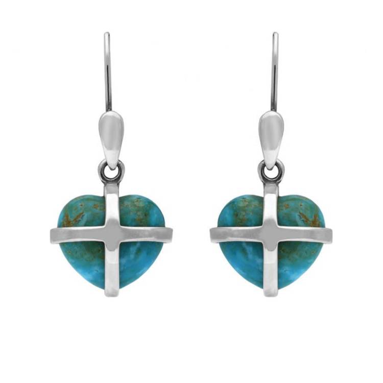 Sterling Silver Turquoise Small Cross Heart Drop Earrings - Option1 Value Silver