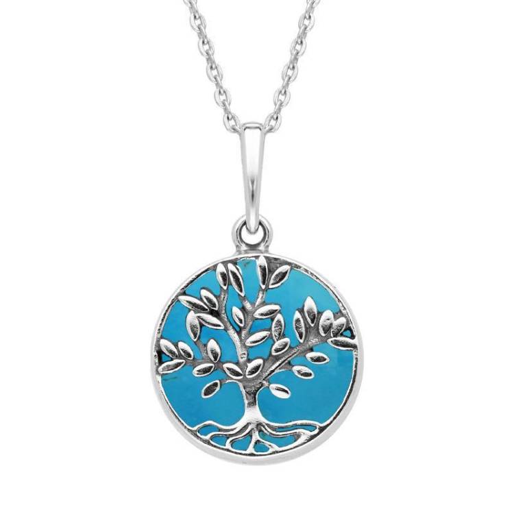 Sterling Silver Turquoise Small Round Large Leaves Tree of Life Necklace