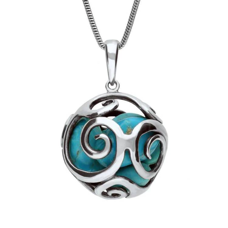 Sterling Silver Turquoise Swirl Cage Bead Necklace - Silver